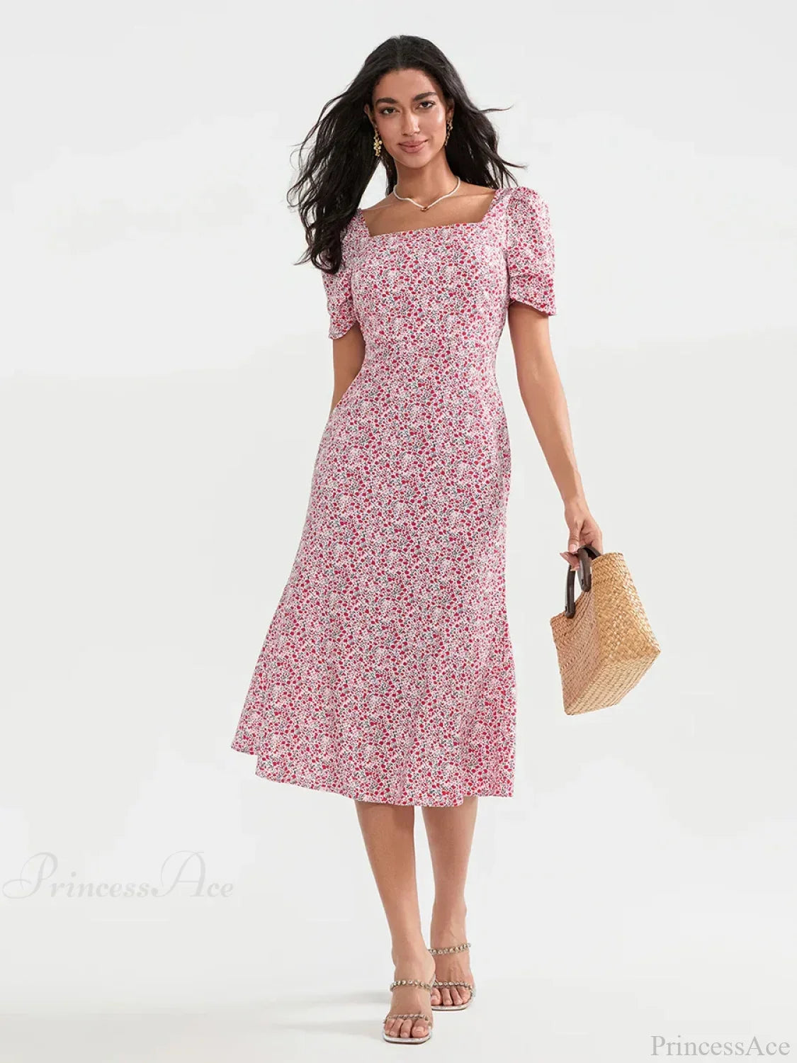 Vestido floral de verano midi con mangas abullonadas y corte en línea A