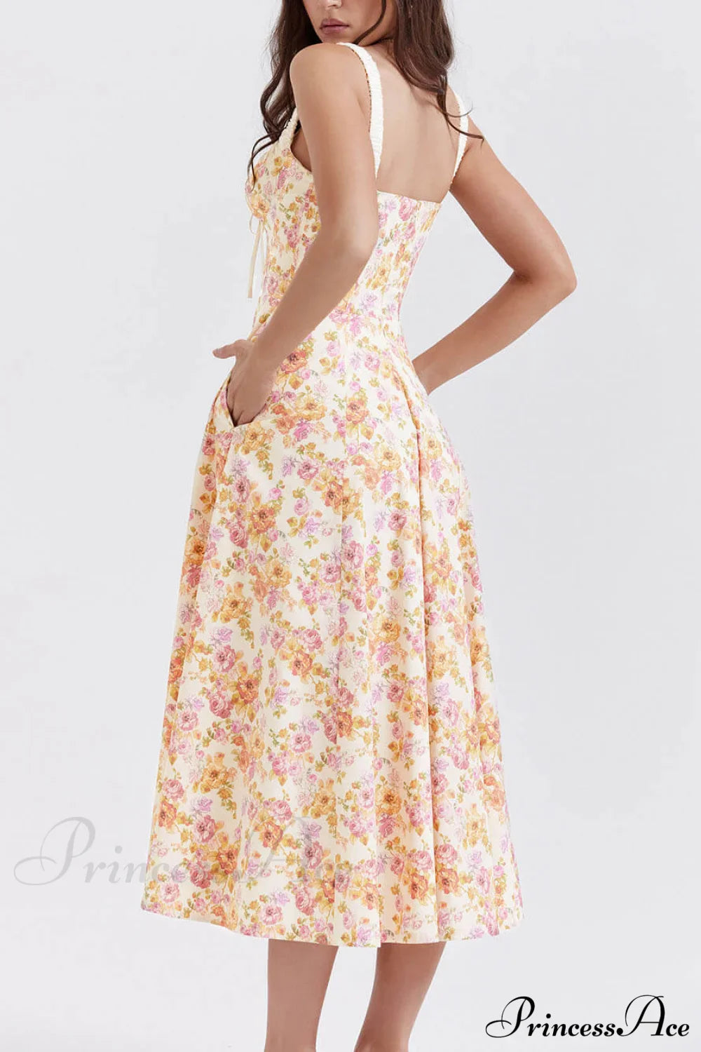 Suspender Patchwork Printed Charming Lace-Up Midi Dress