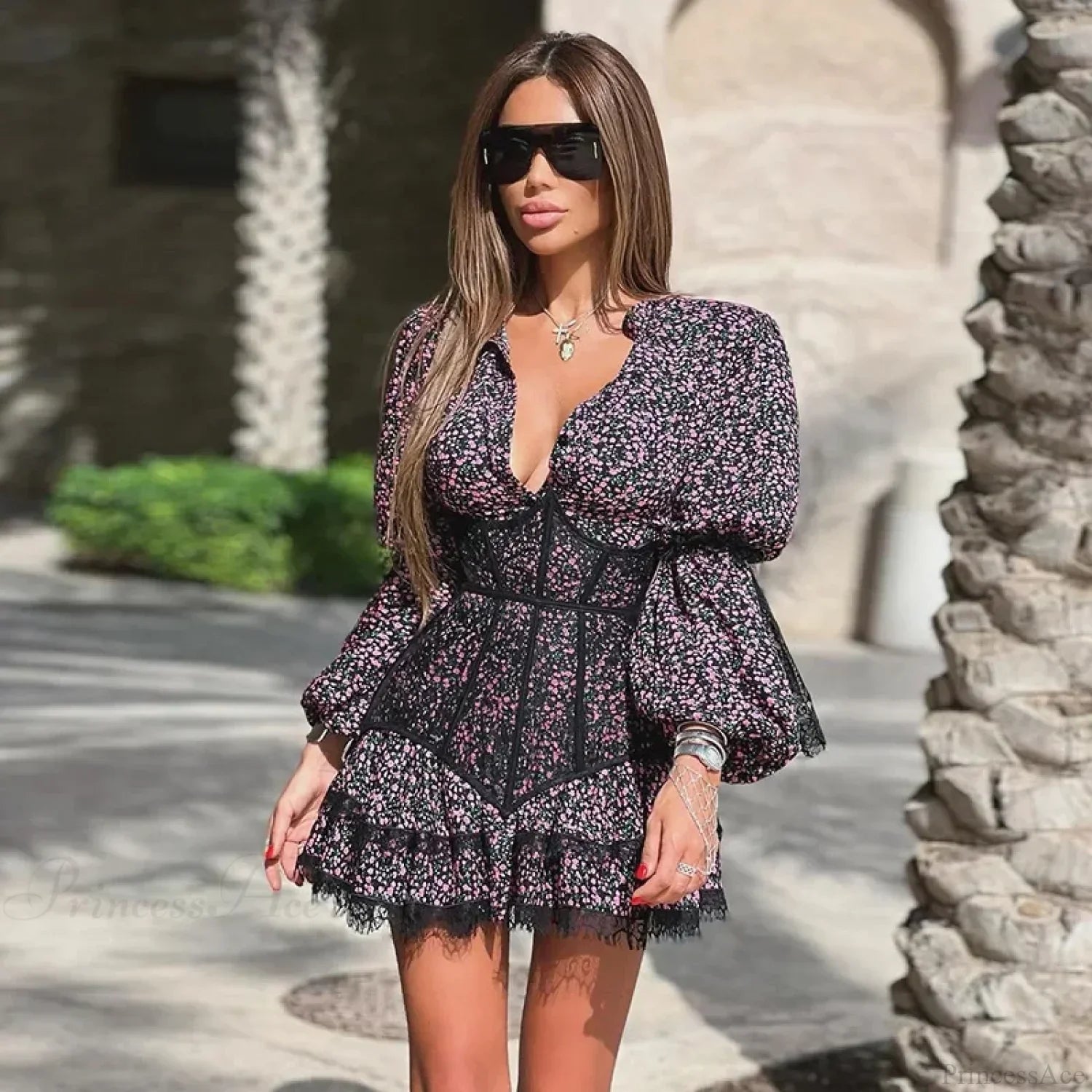 Vestido corto de encaje floral con cintura estampada dulce, pequeña y fresca