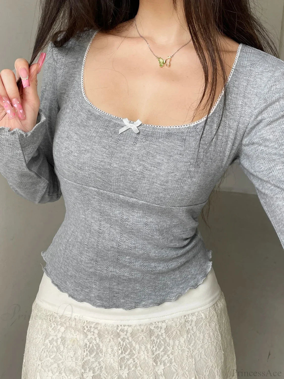 Sweet Solid Bow Slim Square Collar Long Sleeve Knit Top