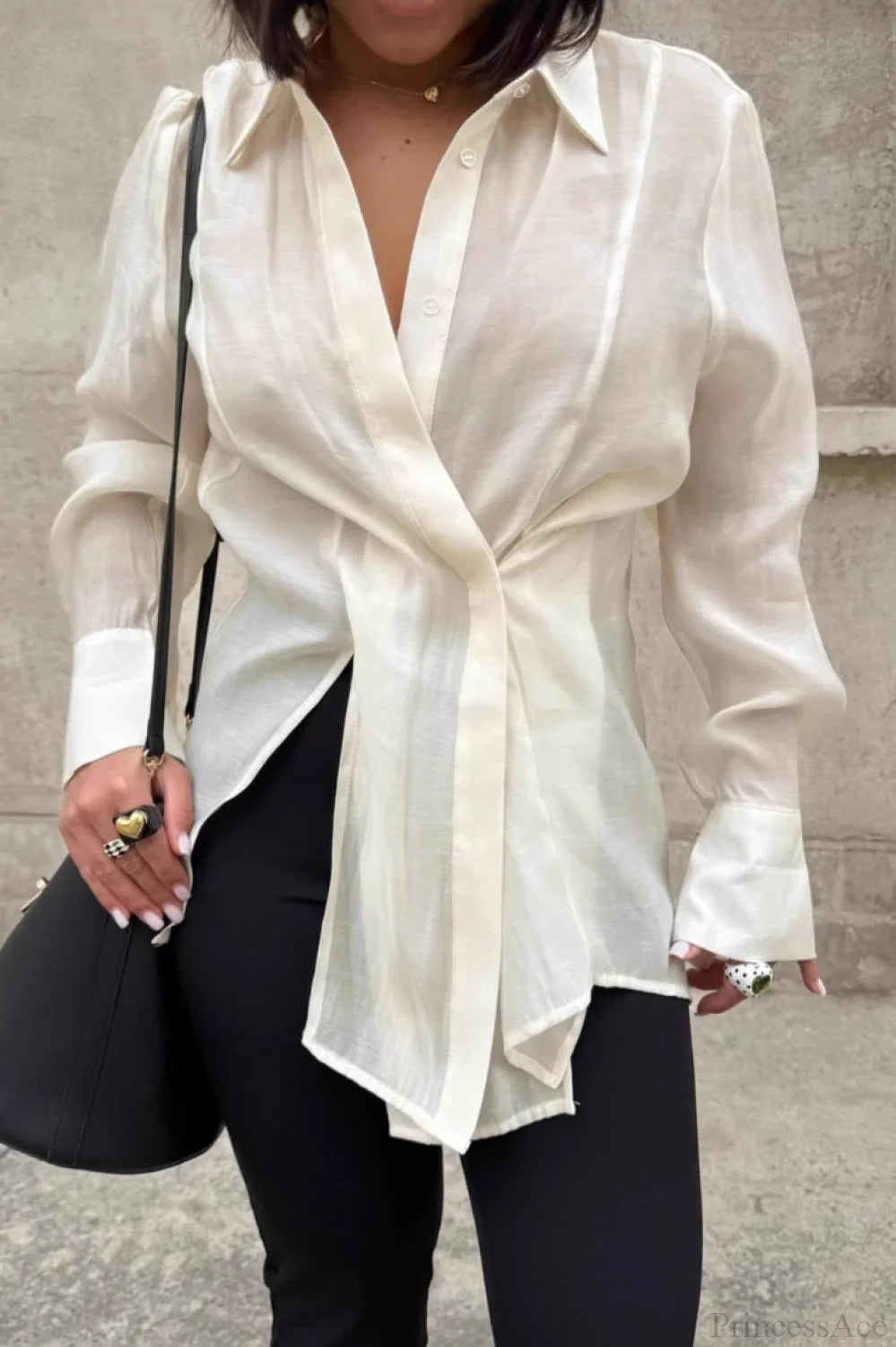 Tencel Sheer Asymmetric Long Sleeve Blouse
