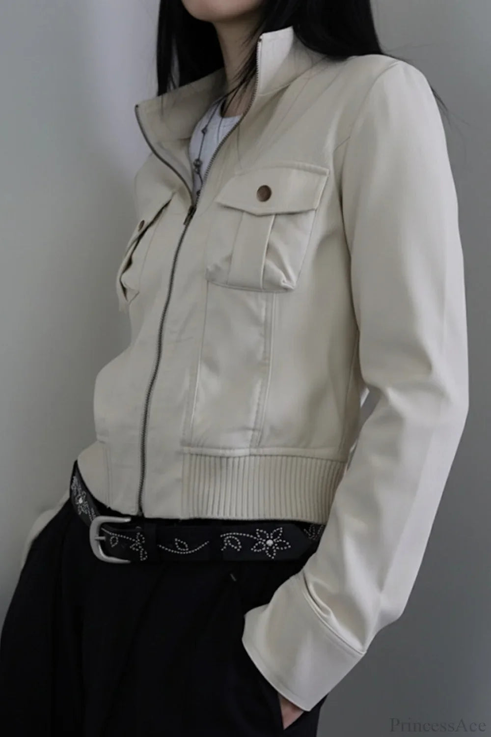Utility Solid Color Pocket Stand Collar Waist Cinched Jacket