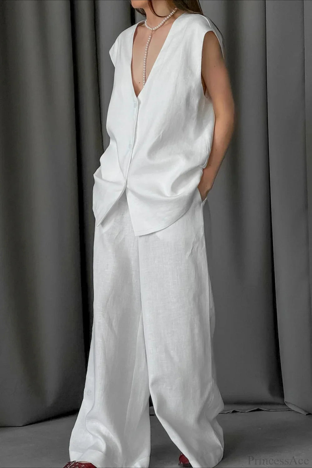 V-Ausschnitt Baumwoll-Leinen Ärmellose Weste Zweiteiliges Set