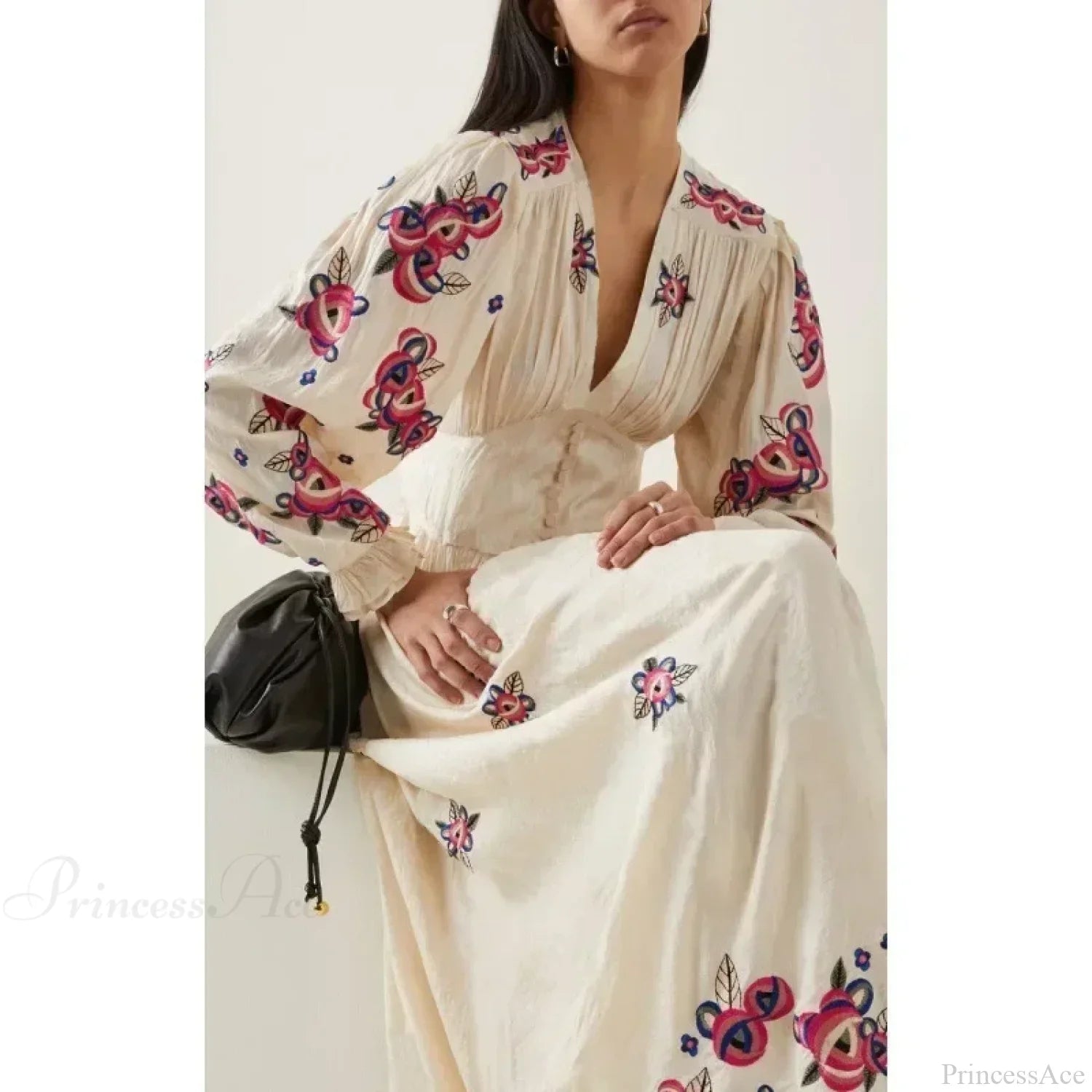 V-neck Floral A-line Lantern Sleeve Cotton Boho Dress