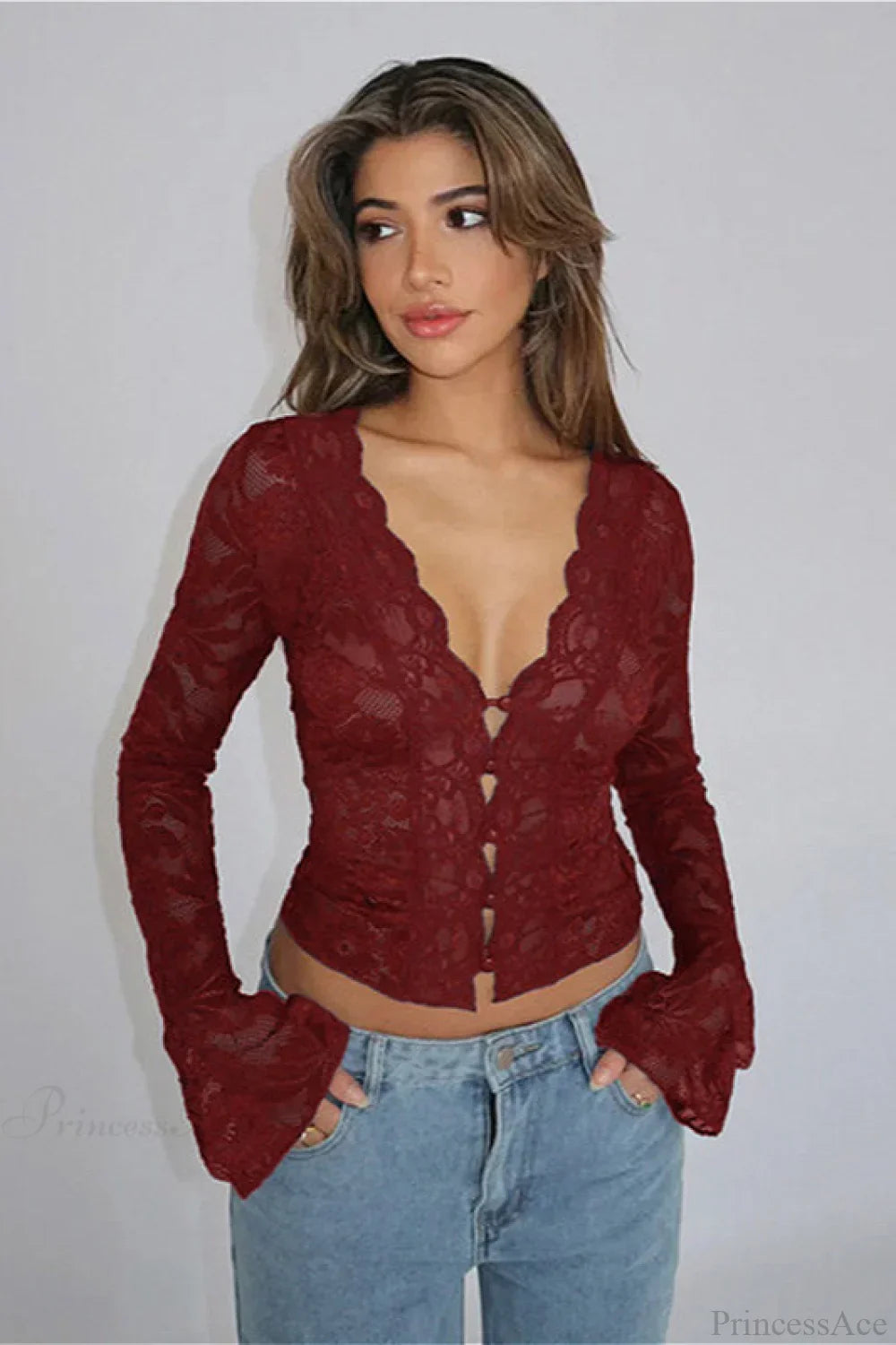 V-Neck Lace Fitted Long Sleeve Tee