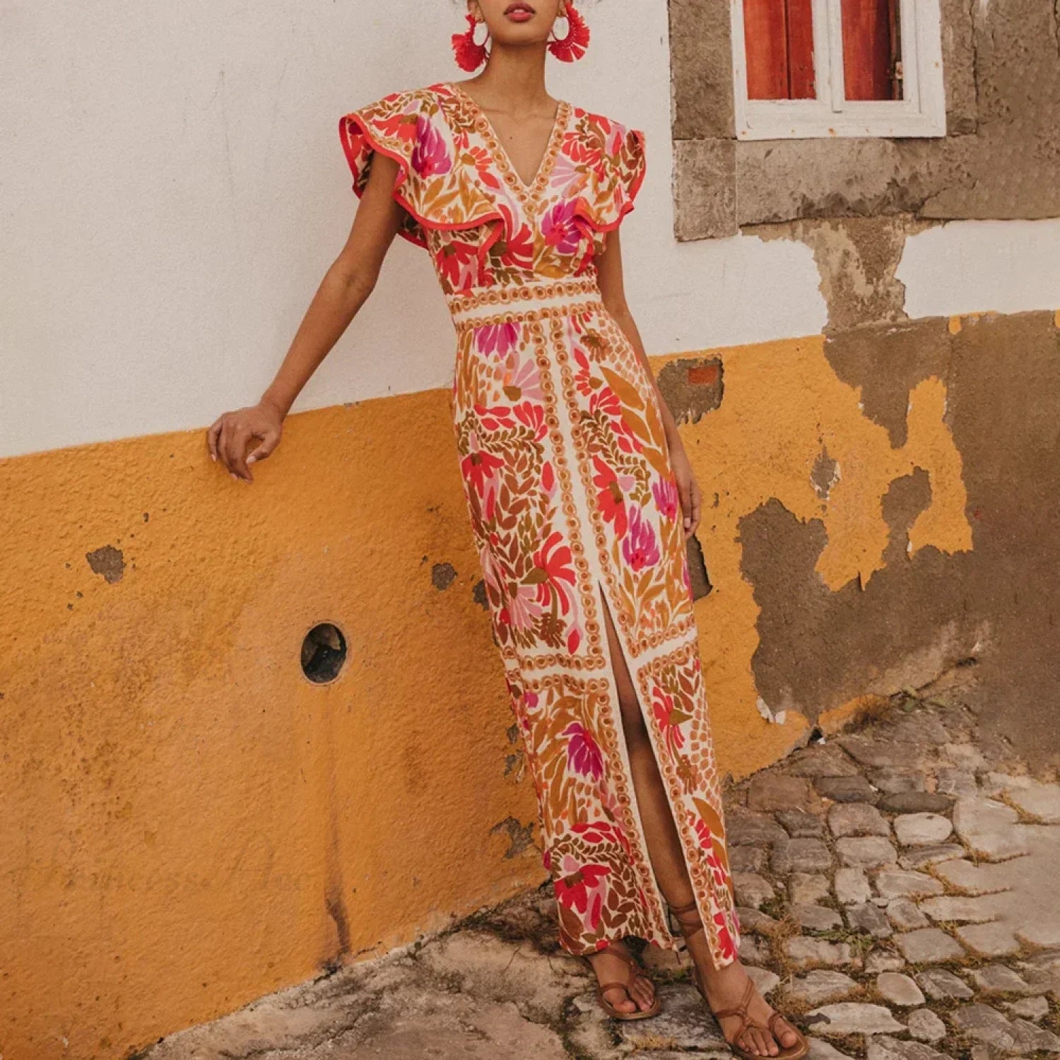 V Neck Retro Print Skirt Two Piece Set