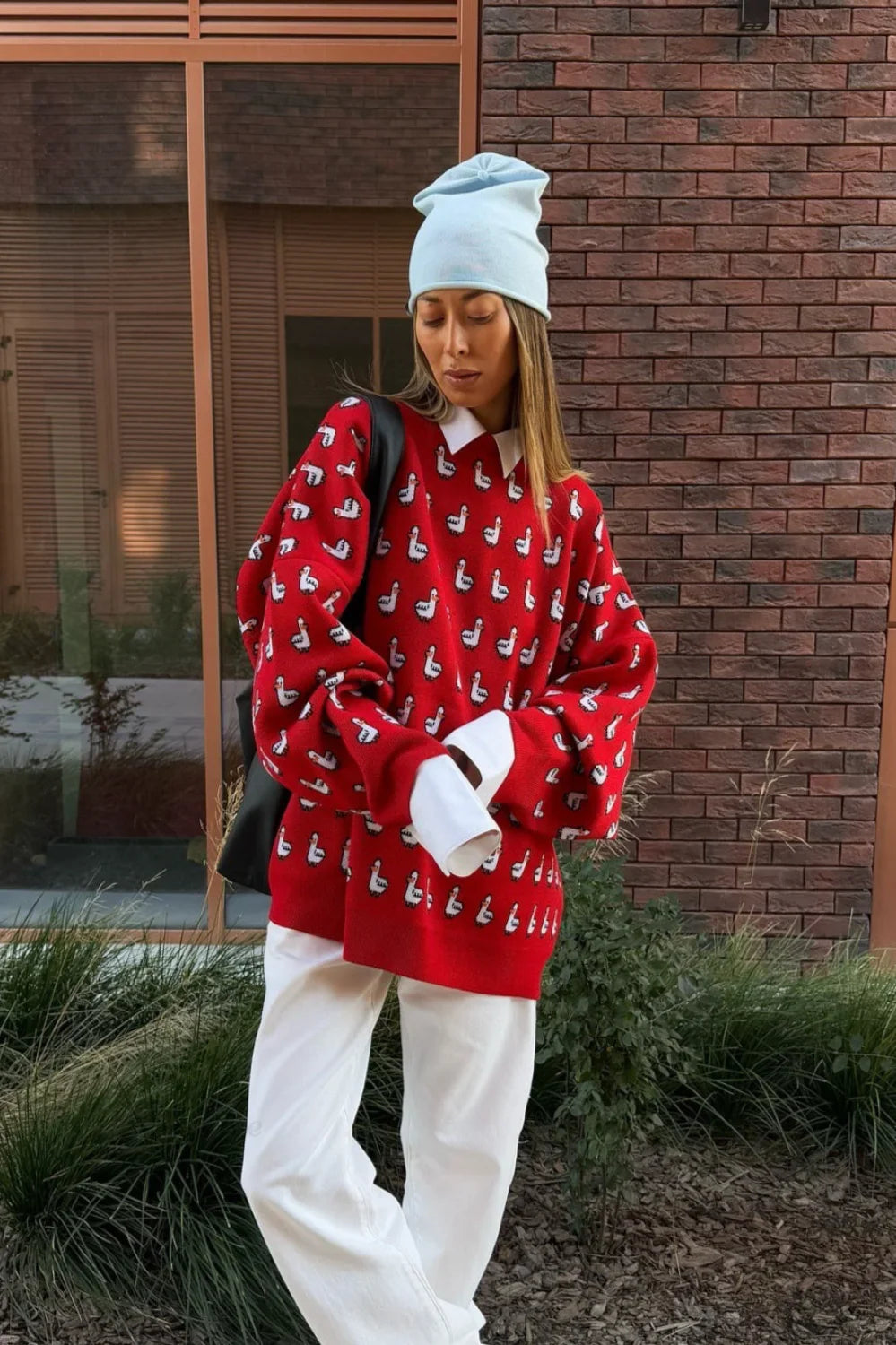 Blusa lavorata a maglia rossa con motivo jacquard a blocchi di colore versatile