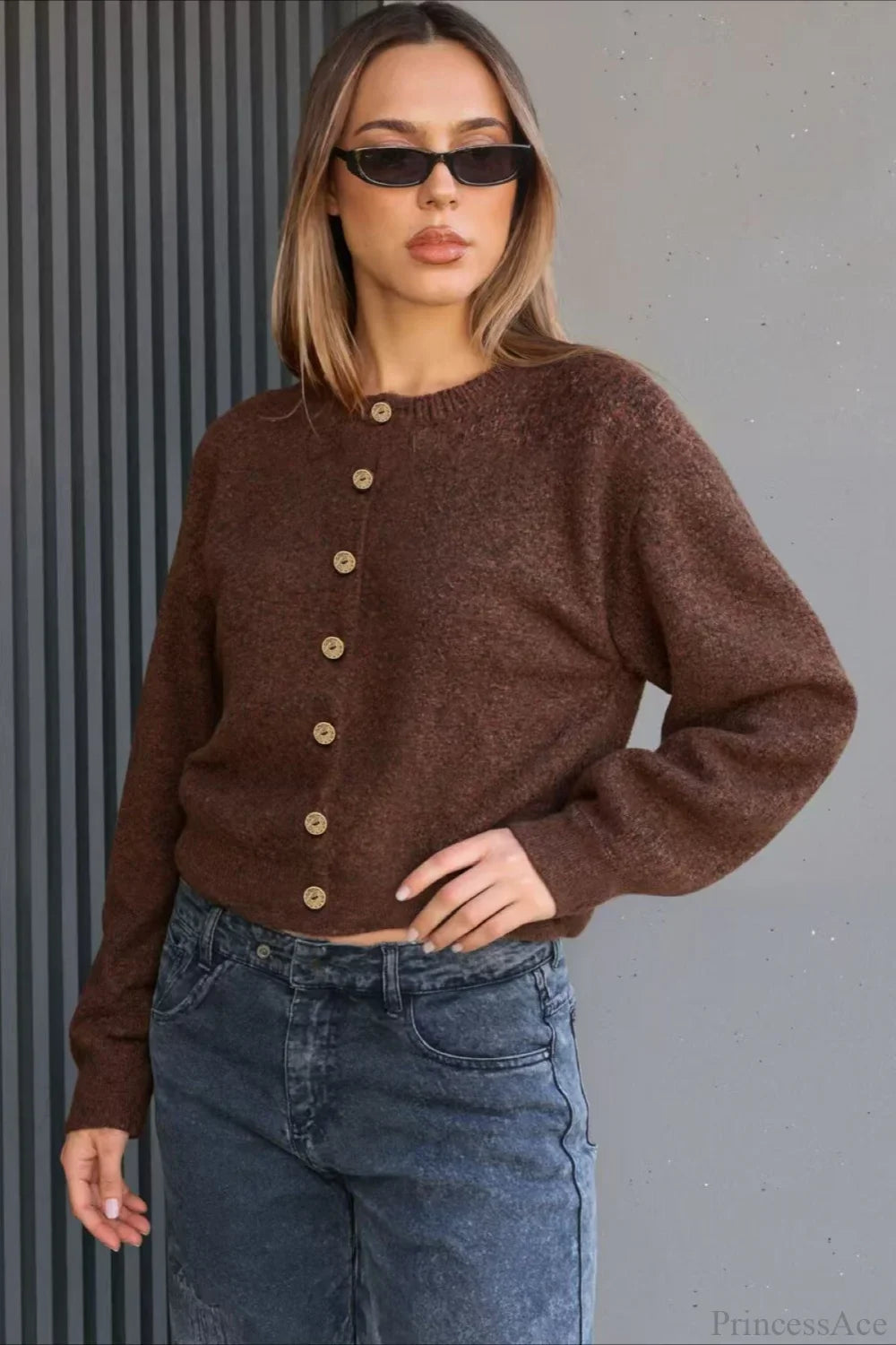 Versatile Crewneck Long Sleeve Button Sweater
