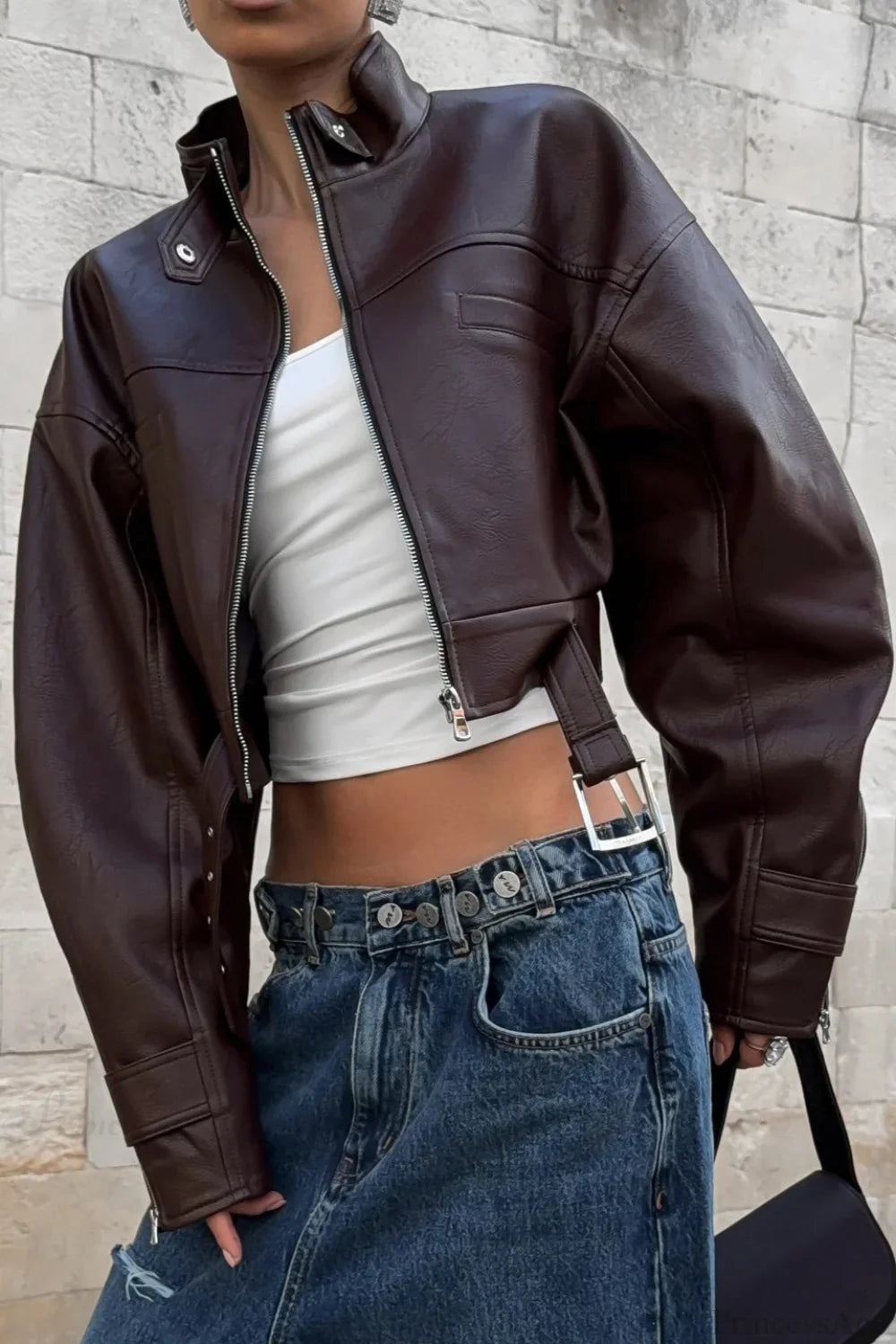 Vintage Biker Stand Collar Zipper Leather Jacket