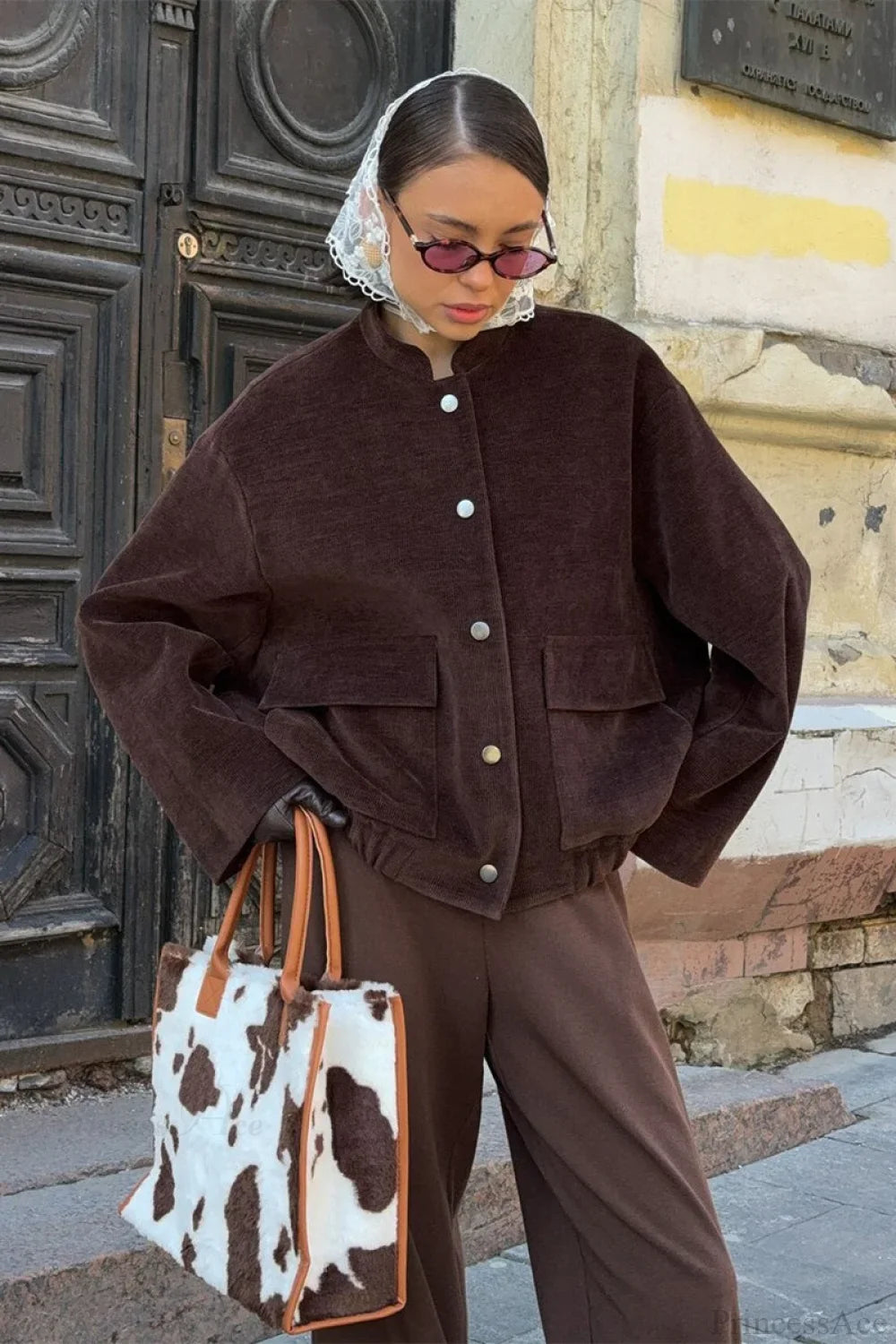 Vintage Corduroy Stand Collar Loose Buttoned Jacket