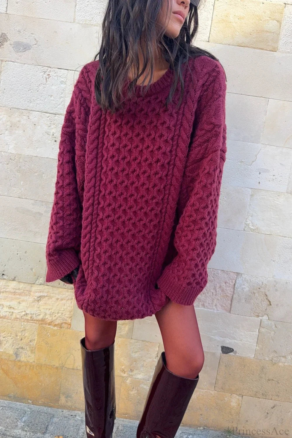 Vintage Crewneck Cable Knit Loose Sweater