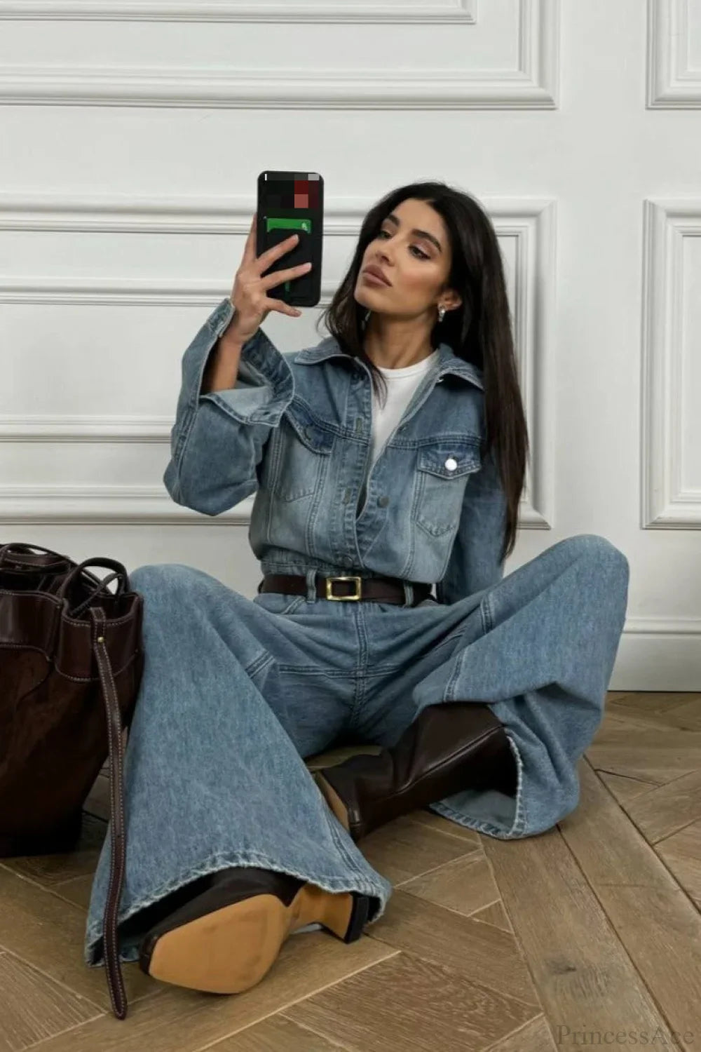 Set due pezzi stile tuta con pantaloni lunghi larghi in denim vintage vintage