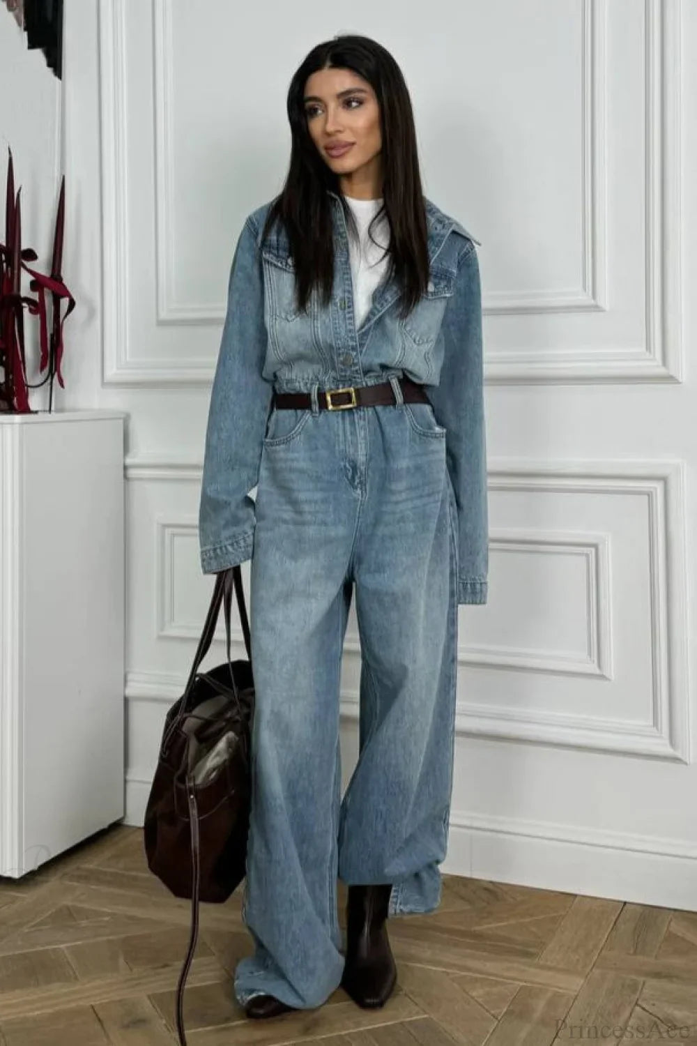 Vintage Vintage Denim Loose Long Pants Jumpsuit-style Two Piece Set