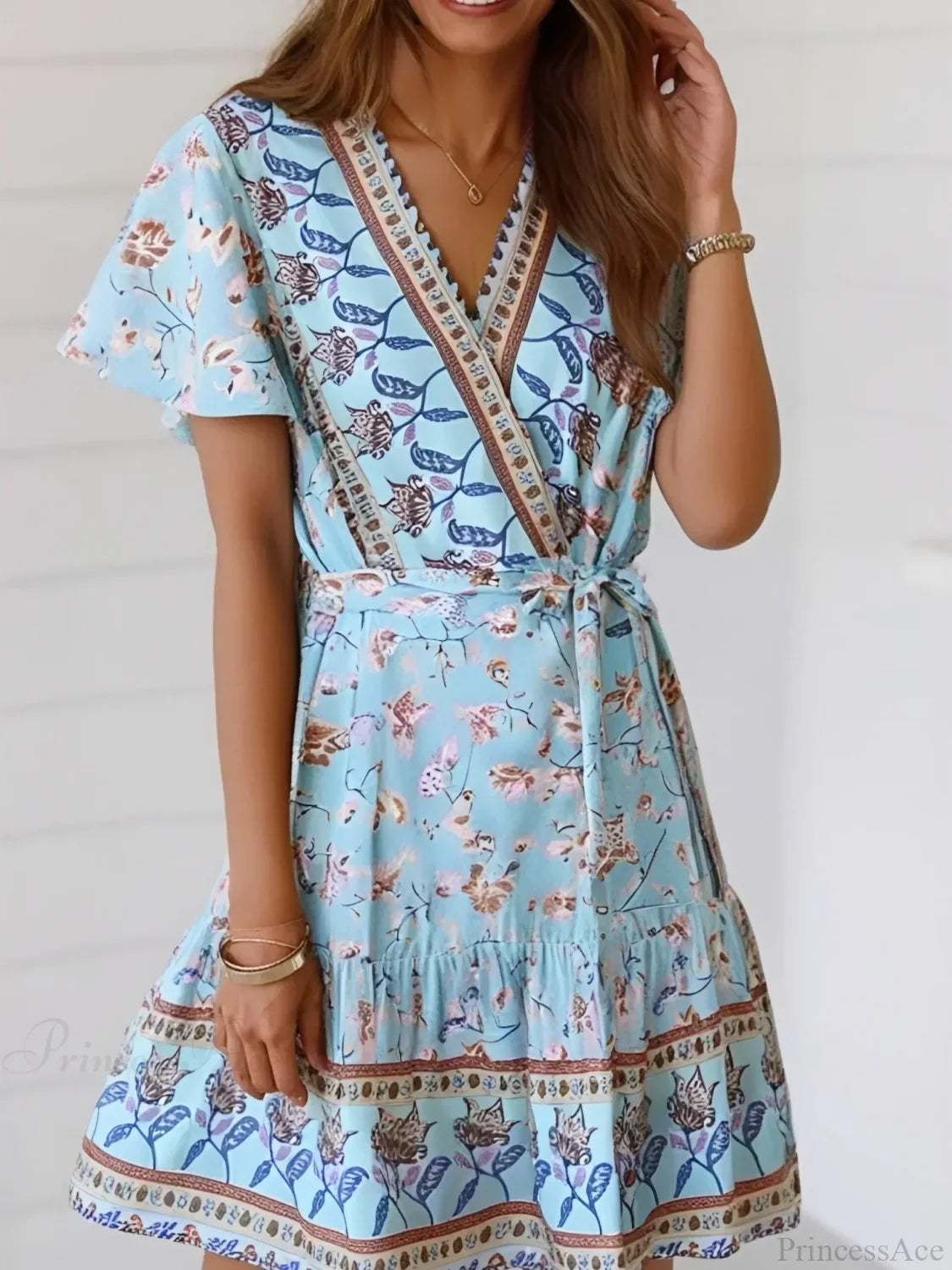 Vintage Floral Print Short Sleeve V-neck Sexy Mini Boho Dress