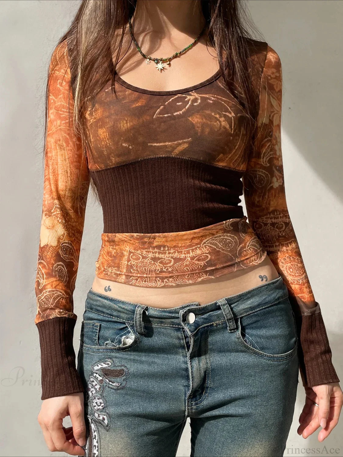 Vintage Patchwork Mesh See-Through Slim Square Collar Long Sleeve Knit Top