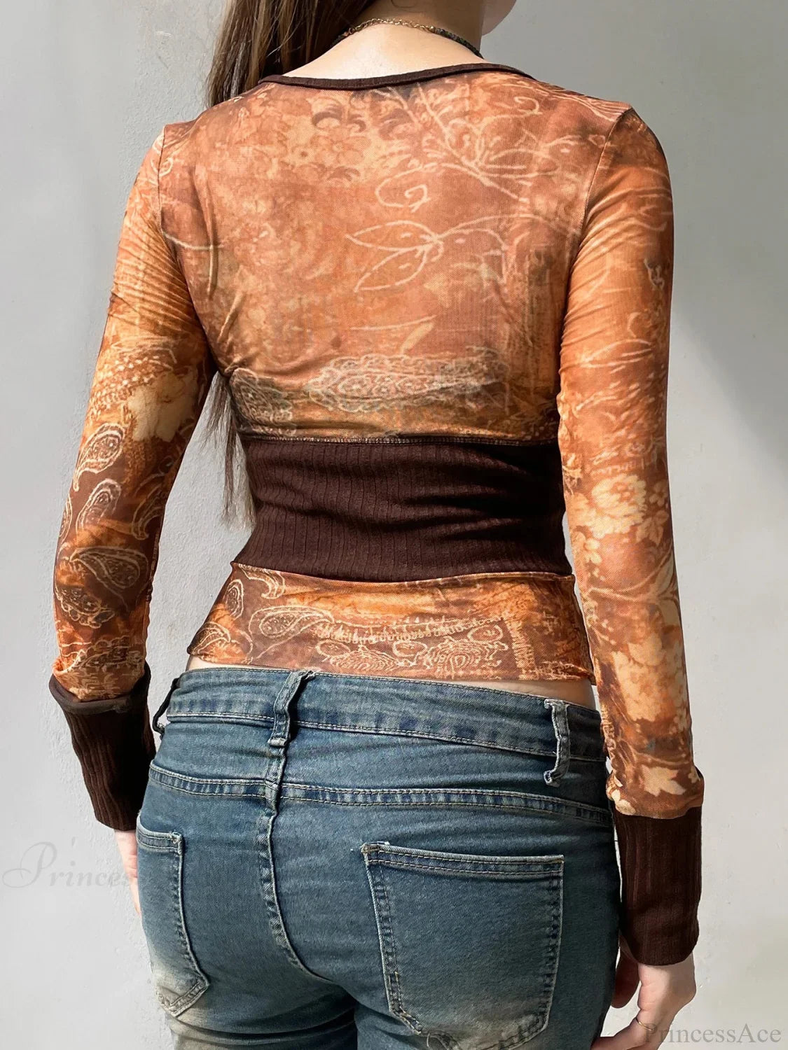 Vintage Patchwork Mesh See-Through Slim Square Collar Long Sleeve Knit Top