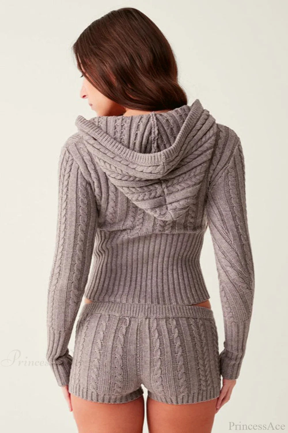 Set due pezzi vintage sexy in maglia con cappuccio, maniche lunghe e top corto