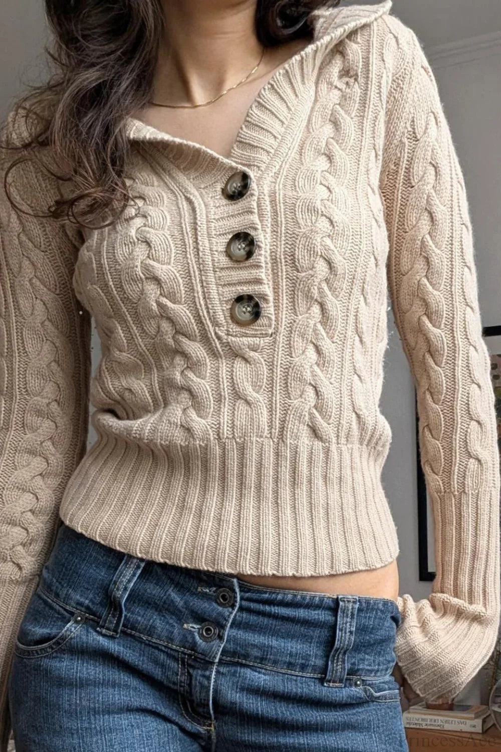 Maglione vintage solido con cappuccio, corto in vita, bottoni, maniche lunghe