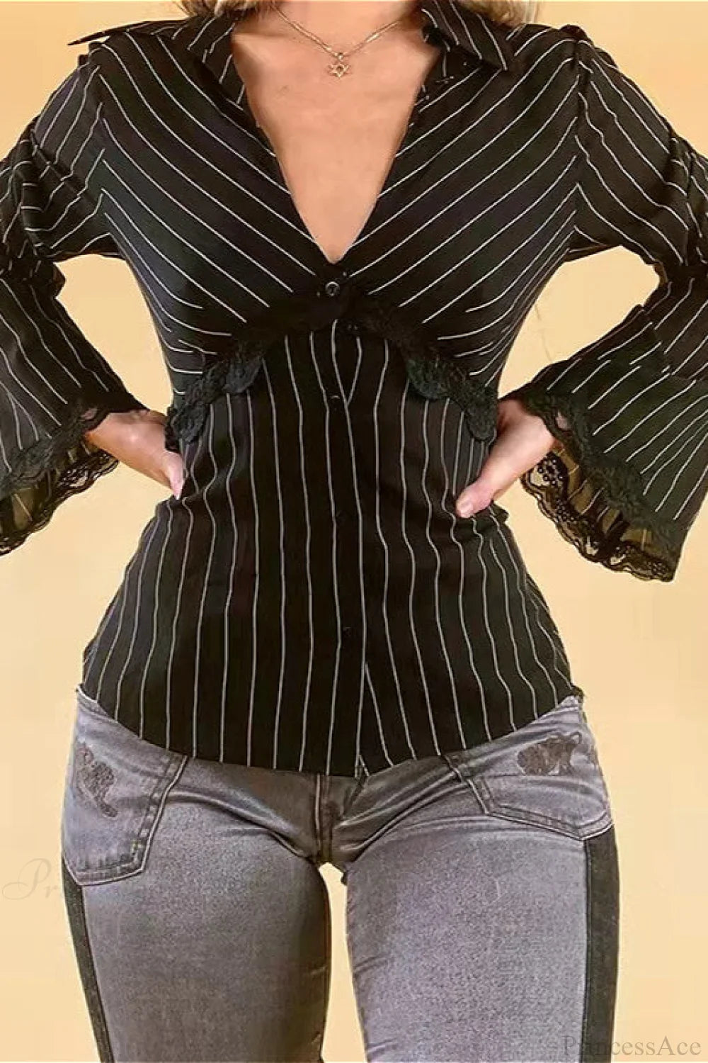 Vintage Striped Lace Contrast Blouse