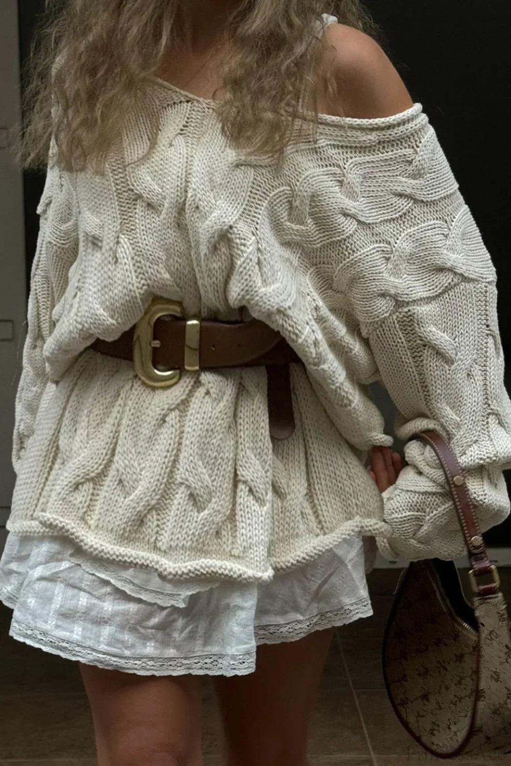 Maglione vintage a collo a V, largo, di media lunghezza, lavorato a trecce, a maniche lunghe