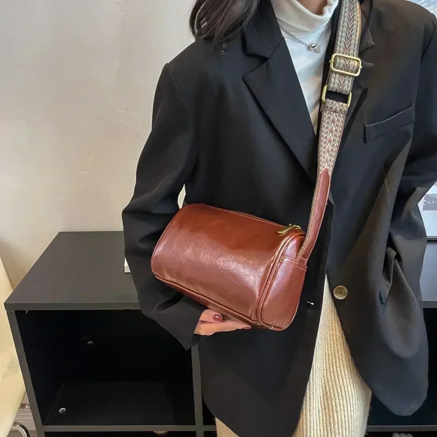 Vintage Wide Strap Crossbody Shoulder Bag