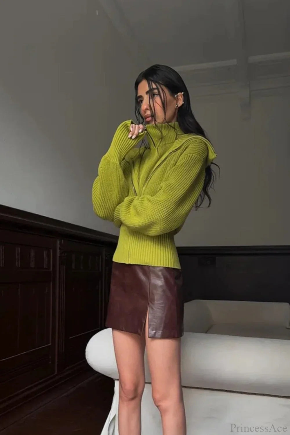 Pull zippé vintage à large col rabattu deux-en-un solide