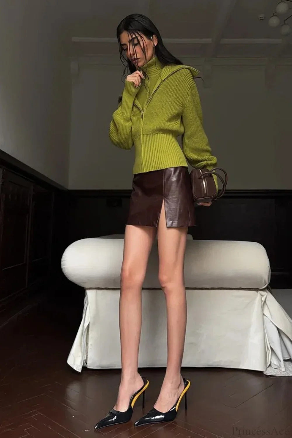 Pull zippé vintage à large col rabattu deux-en-un solide