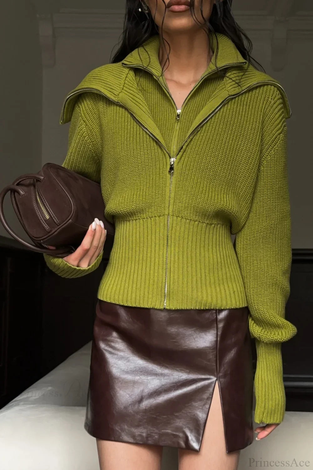 Pull zippé vintage à large col rabattu deux-en-un solide