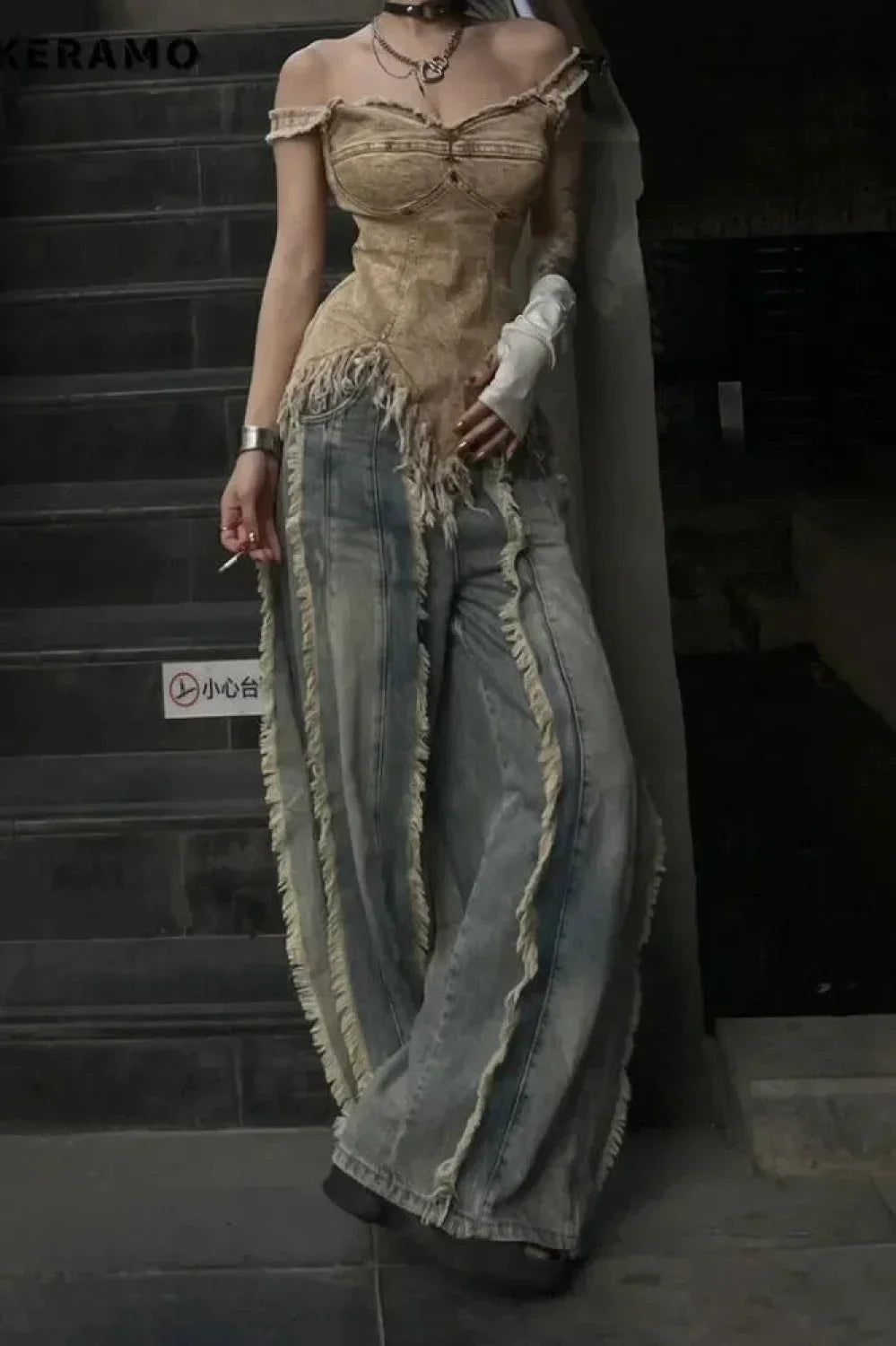 Washed Baggy Vintage Tassel Jeans