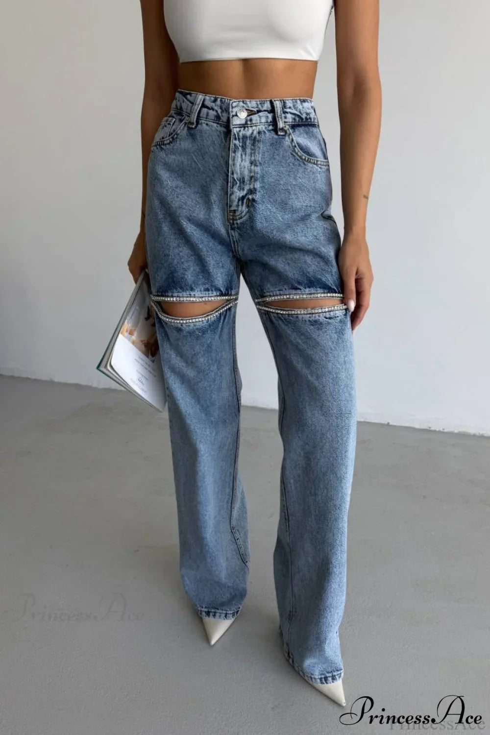 Washed Chain Distressed Straight Jeans