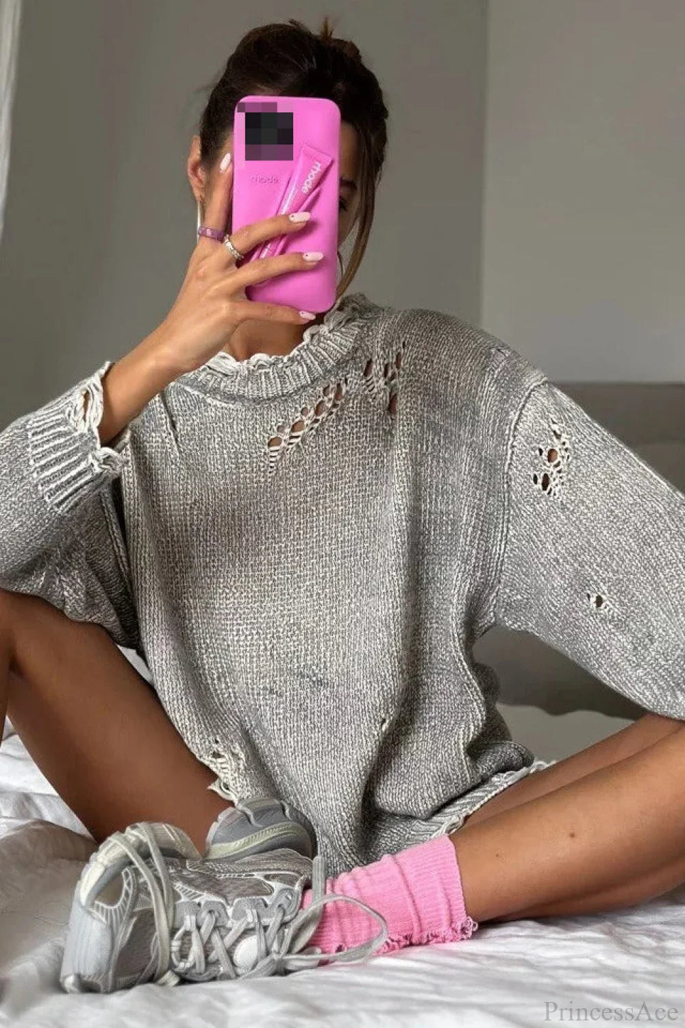 Maglione a girocollo consumato di media lunghezza