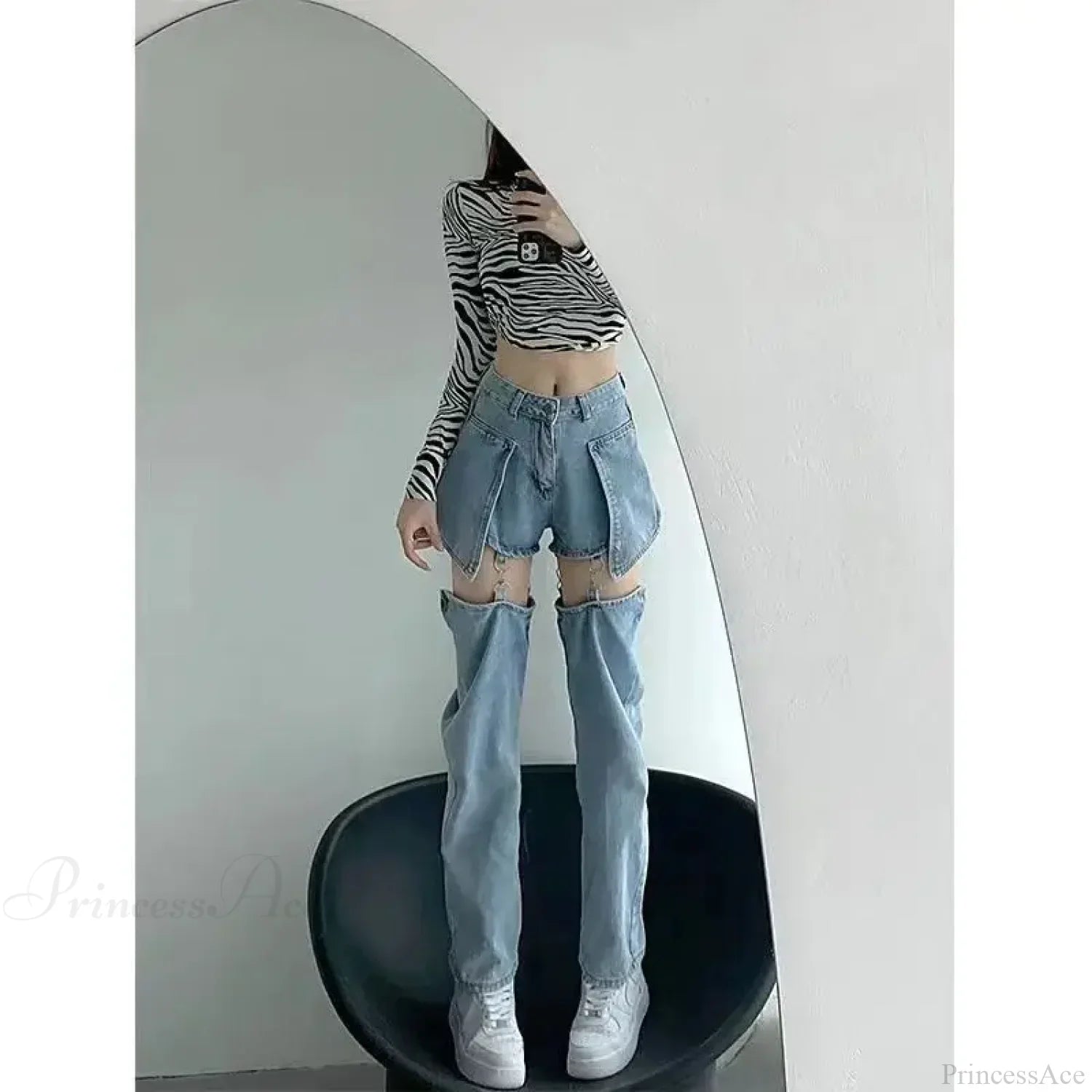 Washed Zipper Fake Ripped Denim Pants