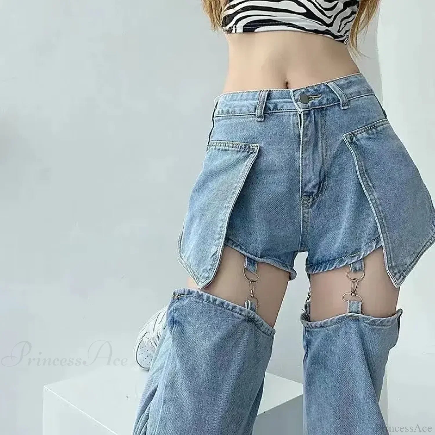 Washed Zipper Fake Ripped Denim Pants