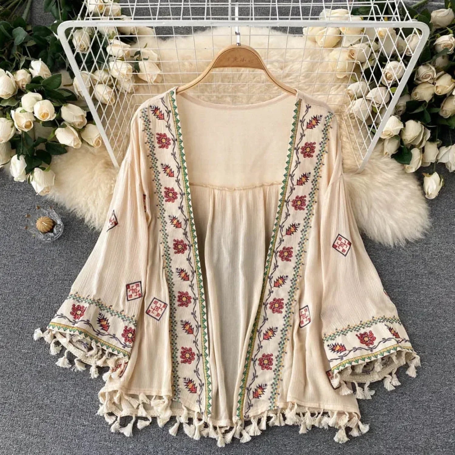 White Cotton Rayon Floral Embroidery Beach Cover up