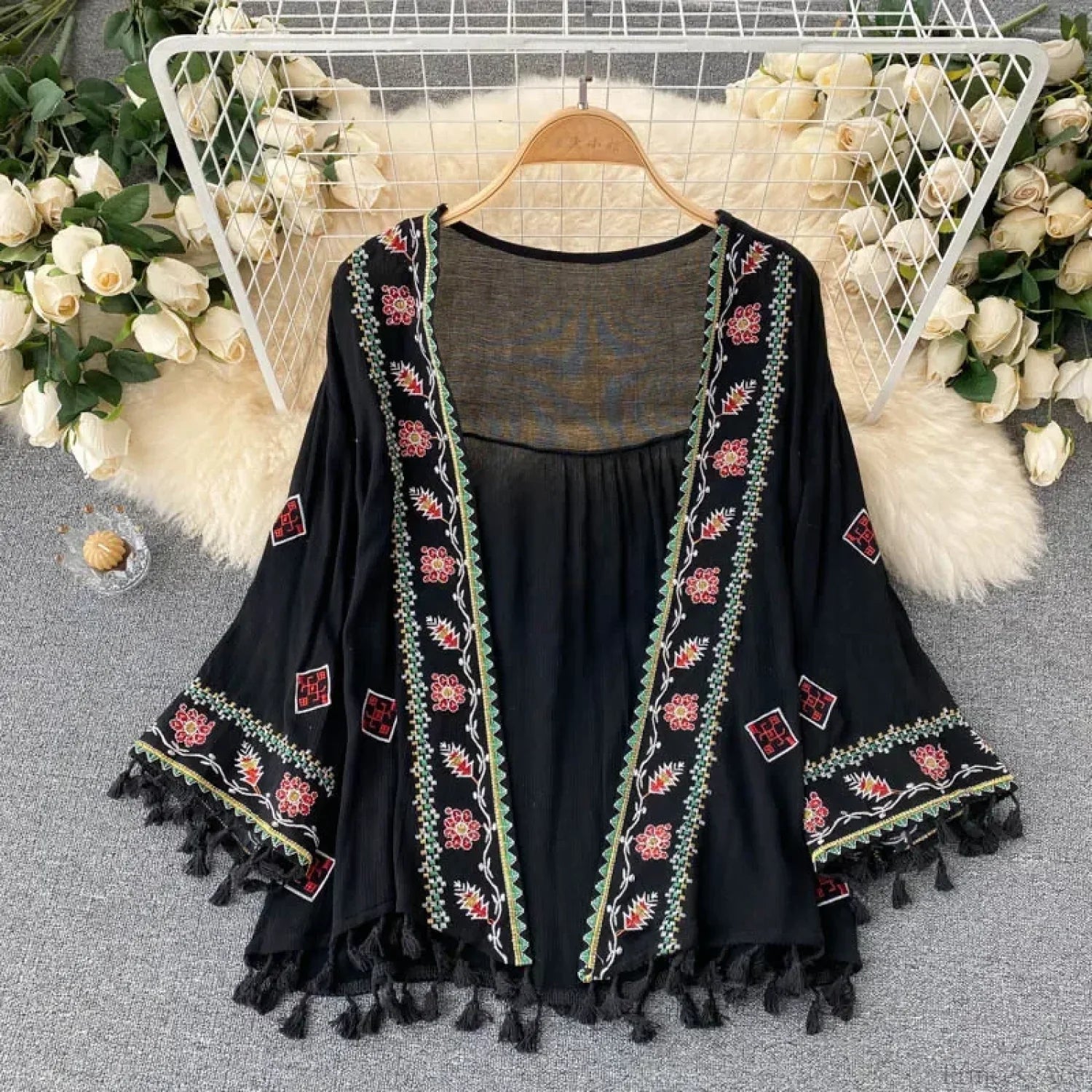 White Cotton Rayon Floral Embroidery Beach Cover up