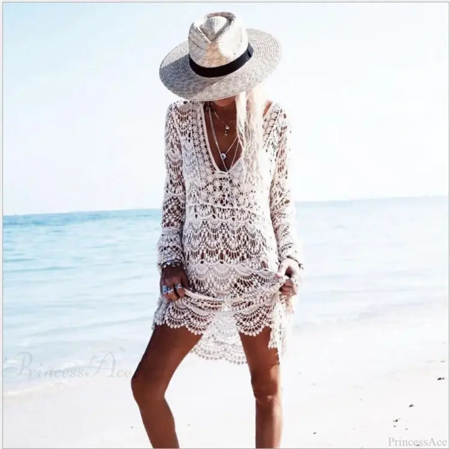 White Crochet Lace Bikini Boho Beach Cover up