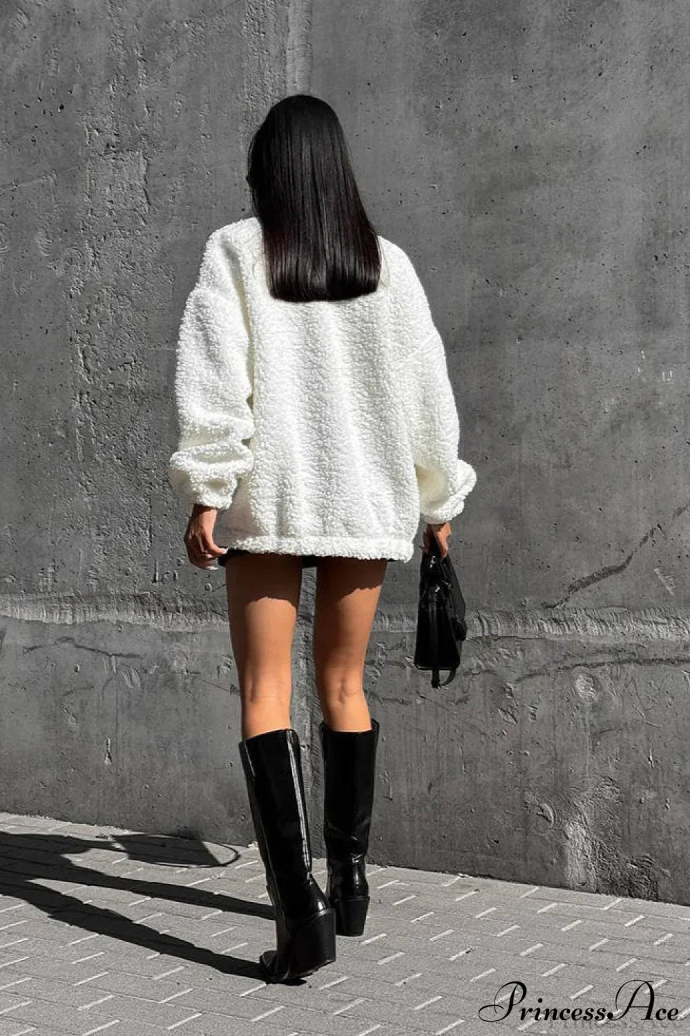 White Fleece Collared Warm Commute Coat