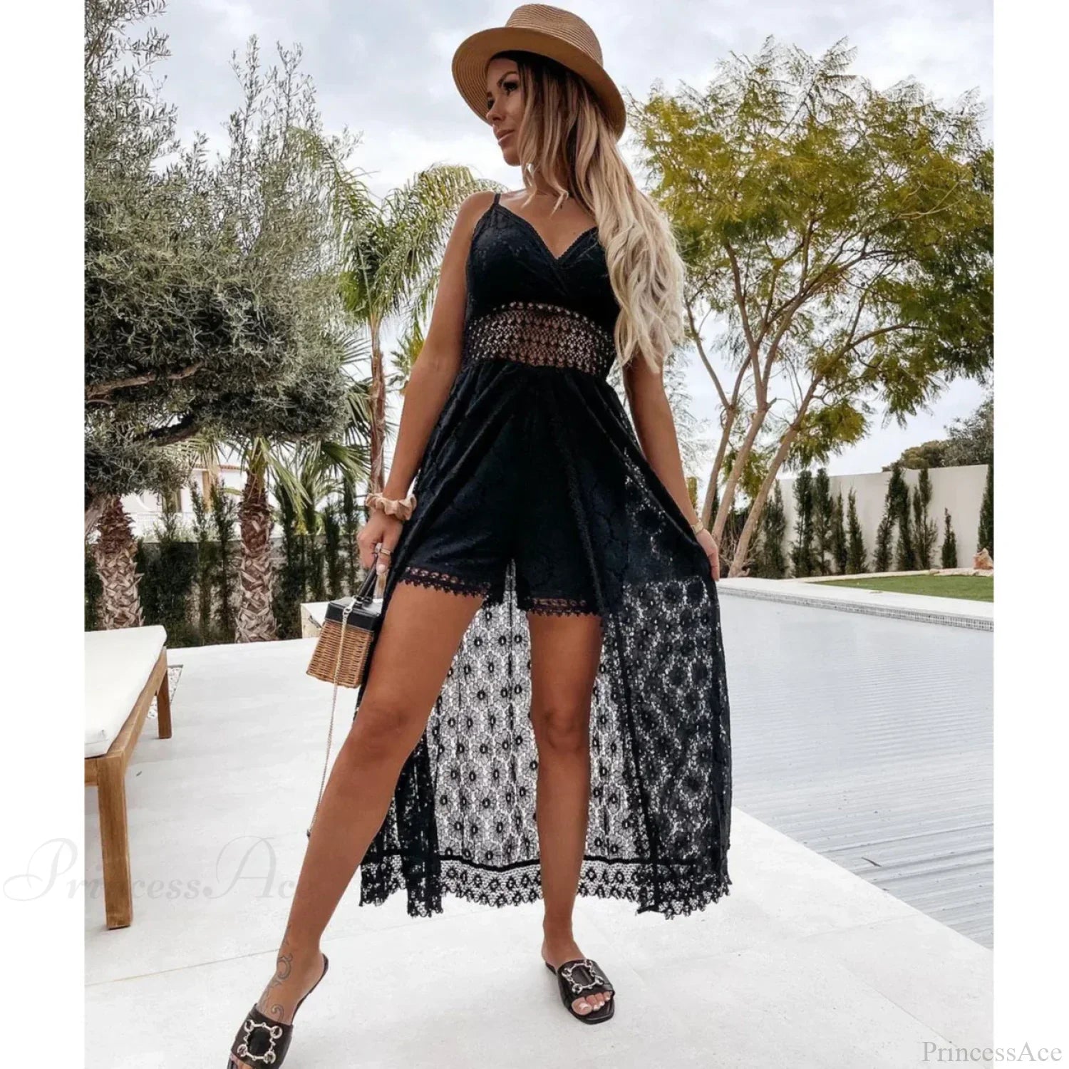 White Hollow Out Lace Strapless Sexy Split Midi Boho Dress