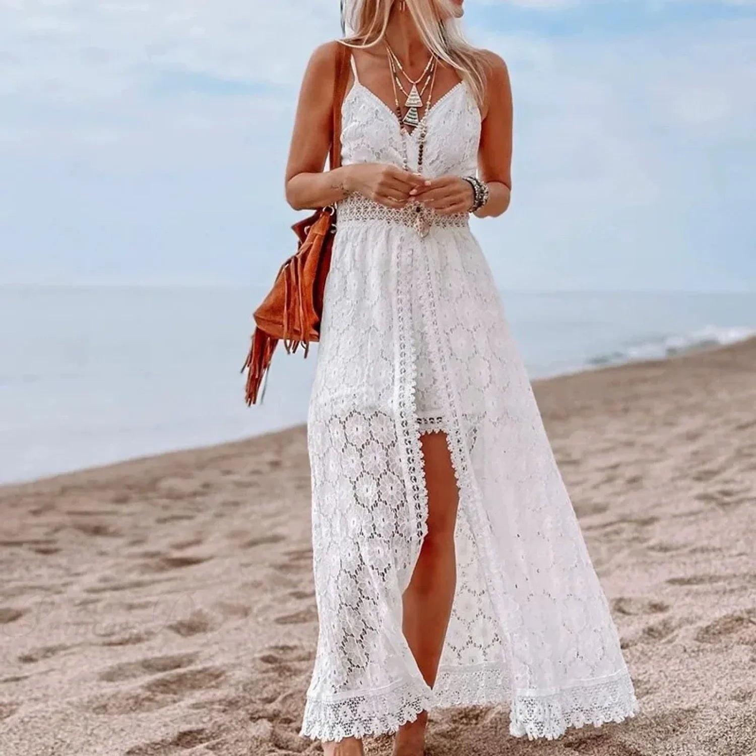 White Hollow Out Lace Strapless Sexy Split Midi Boho Dress