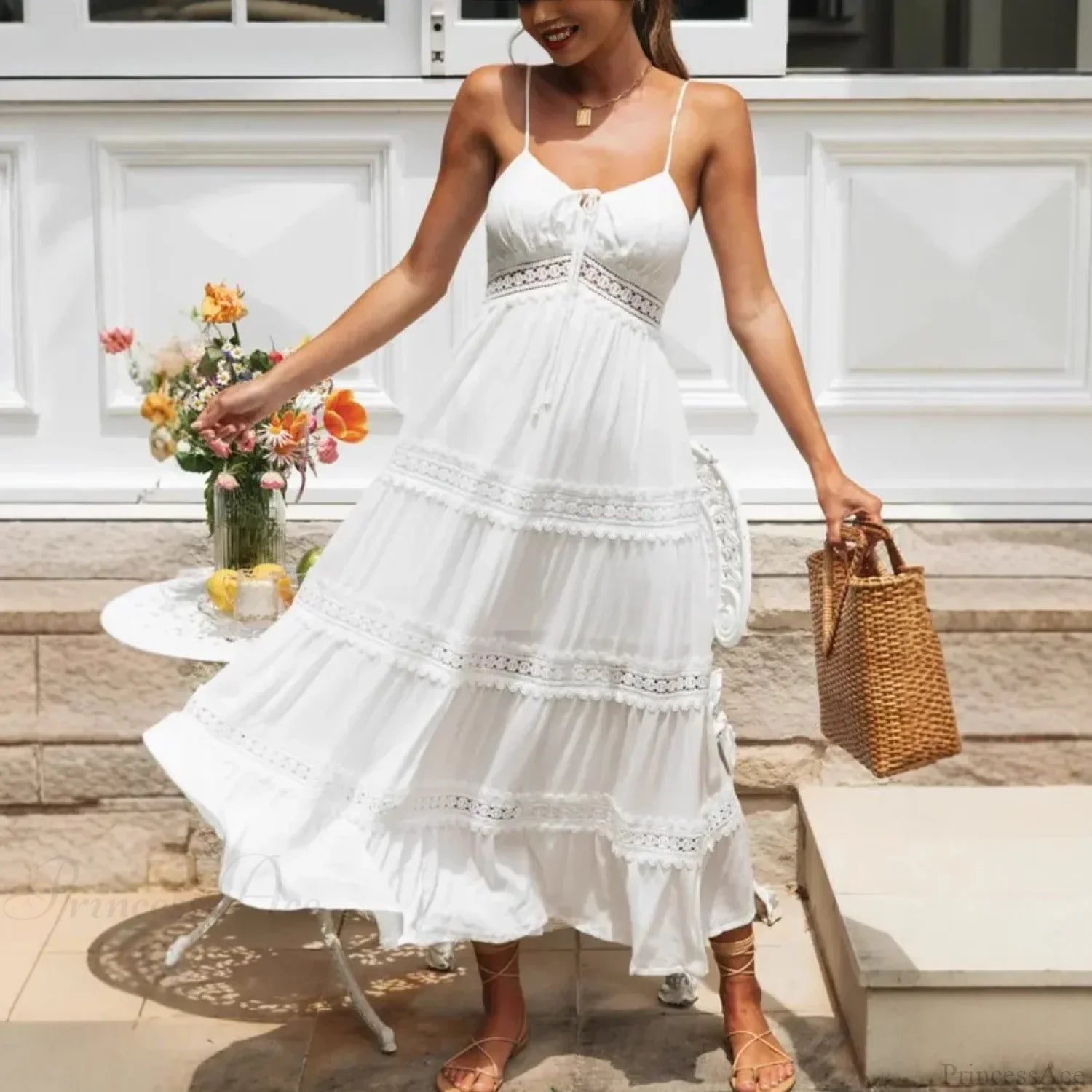 White Hollow Out Strapless Split Sleeveless Maxi Boho Dress