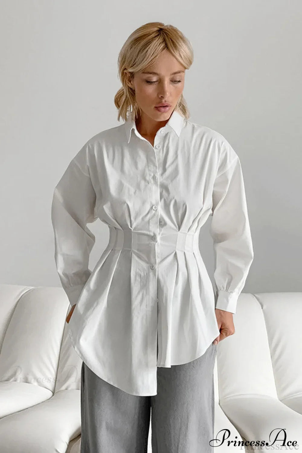 White Pleated Waist Slim Blouse