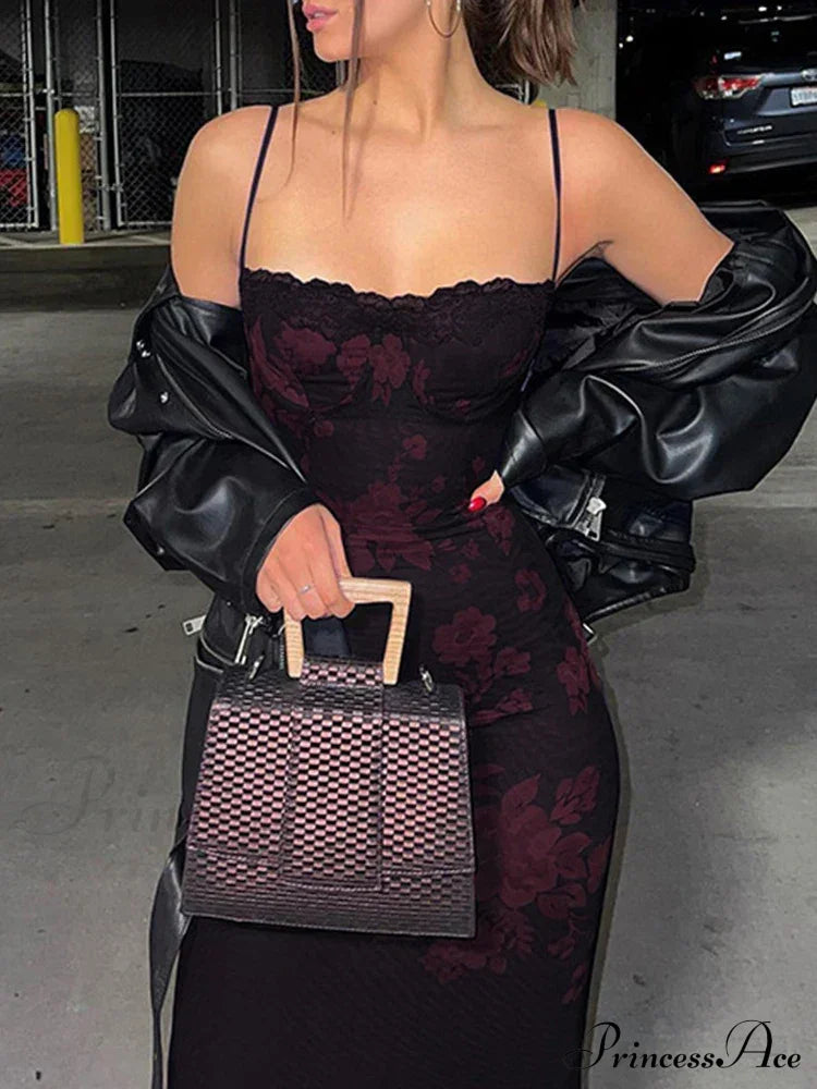 Vestido Bodycon de Festa Elegante de Verão Sem Mangas, Vermelho Vinho, com Renda, Estampa Floral, Costas Nuas e Comprimento no Tornozelo