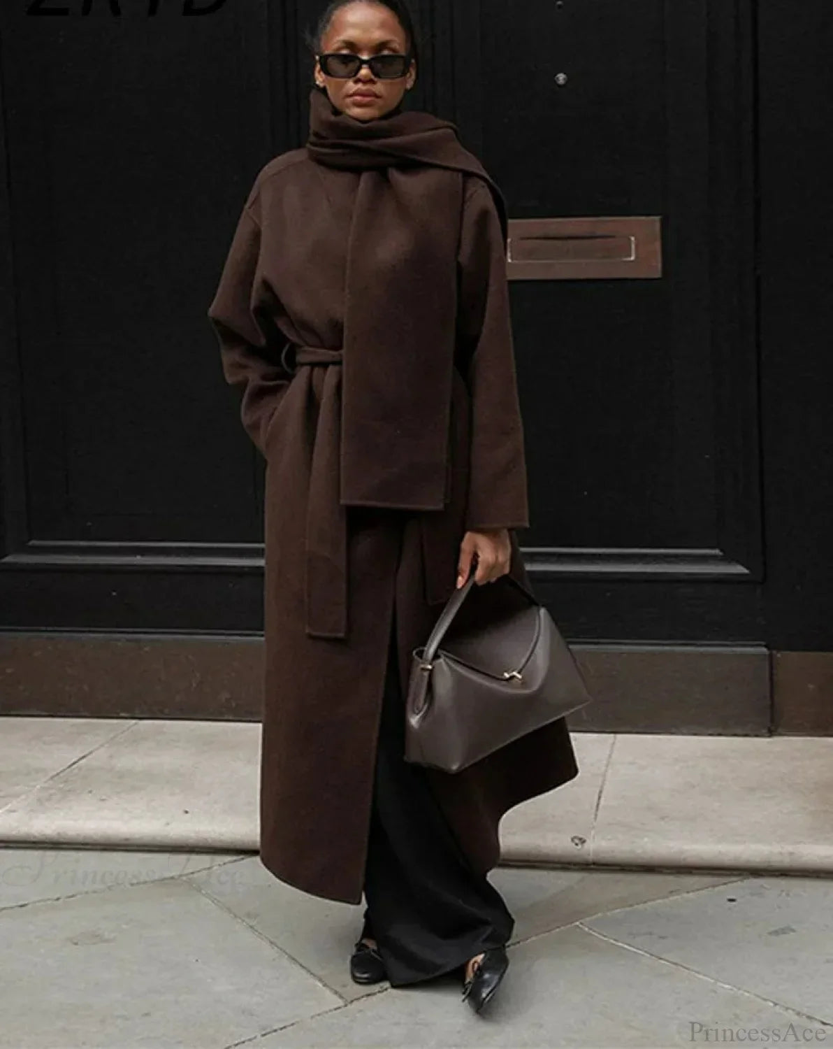 Women's Scarf Collar Woolen Belted Overcoat