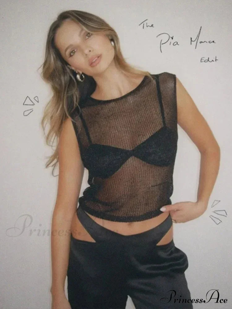 Women's Sleeveless Slim Fit See-Through Vest Corect Sequin Scoop Neck Glitter Outfits Tank top