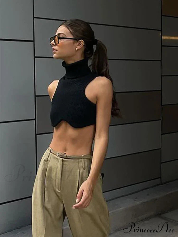Y2k Black Knitting Turtleneck Crop Women Irregularity Skinny Elasticity Fashion Club Streetwear Tank top