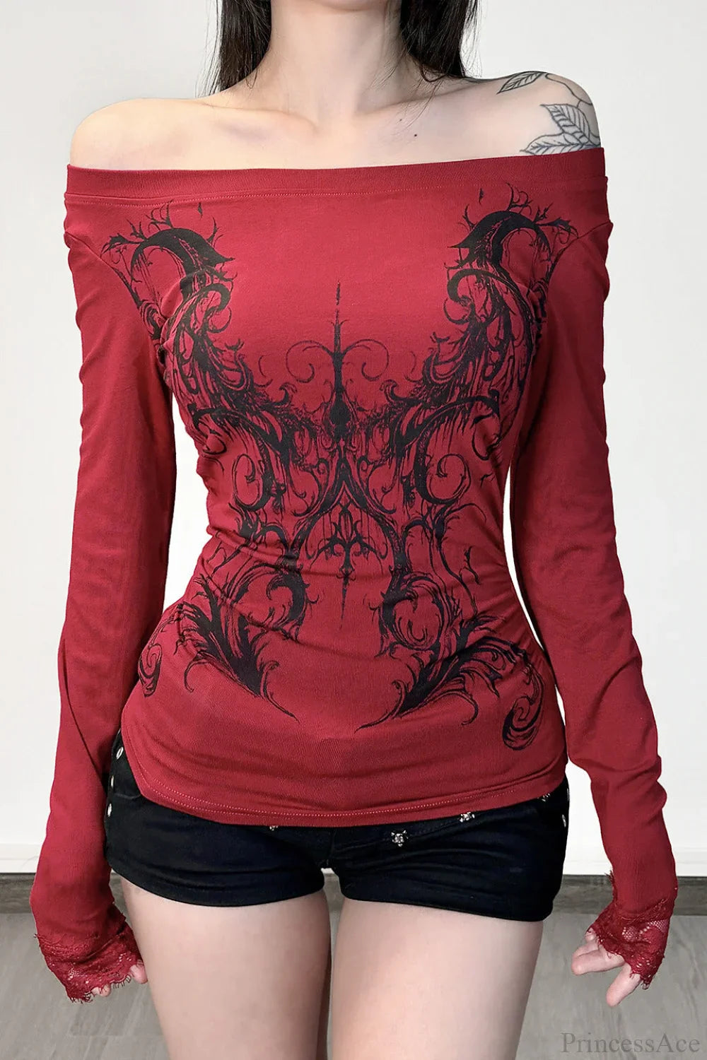 Y2K Dark Print Off Shoulder Long Sleeve Tee