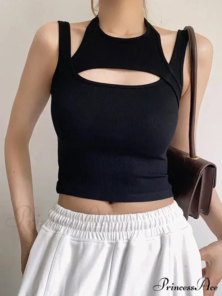 Y2k E-girl Hollow Out Knitted Sleeveless O Neck Mini Vest Basic Casual Sporty Summer Tank top
