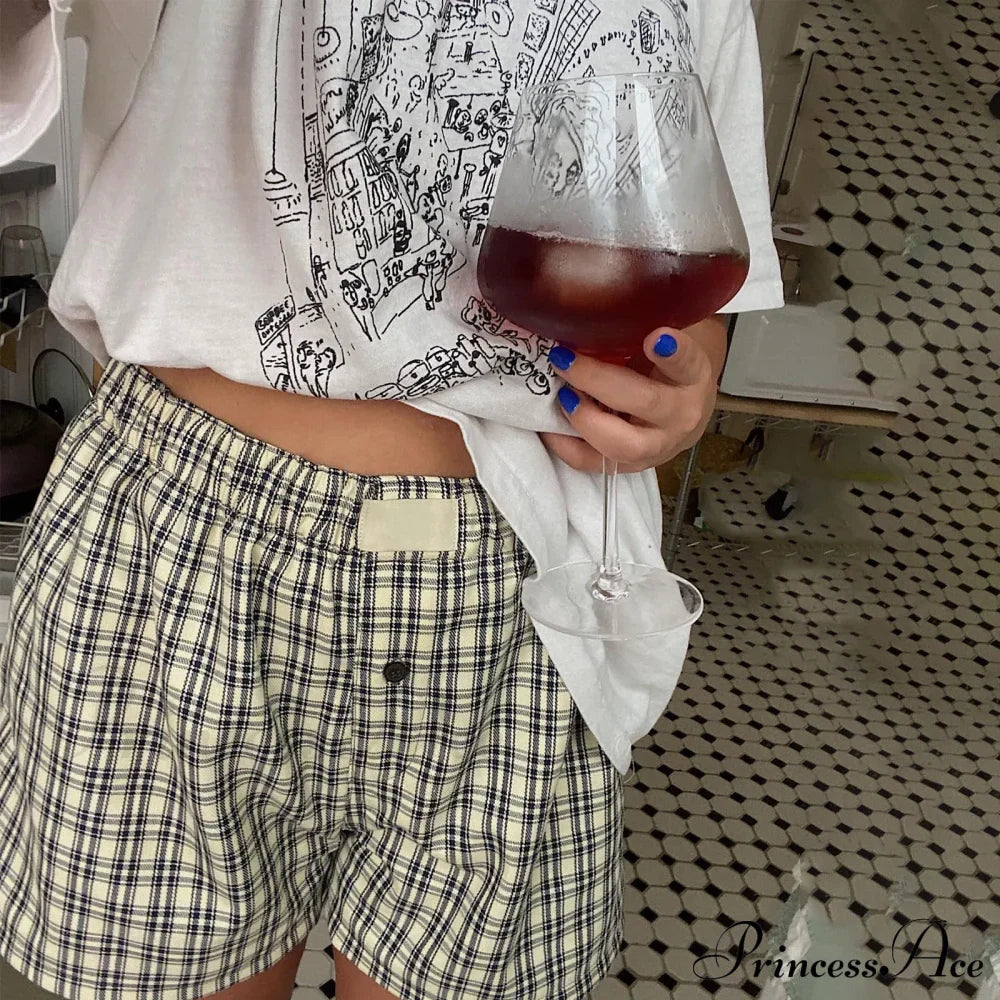 Boxer a quadretti Y2K con righe, bottoni, vita elastica, boxer corti a fiori mini, pantaloncini a scacchi