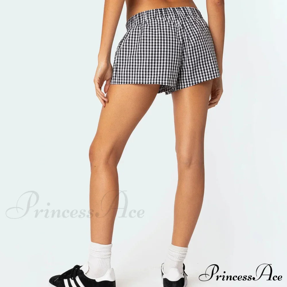 Y2K pohodlné měkké pružné nízké pasové pyžamové kalhoty s knoflíky a kostkovaným vzorem krátké