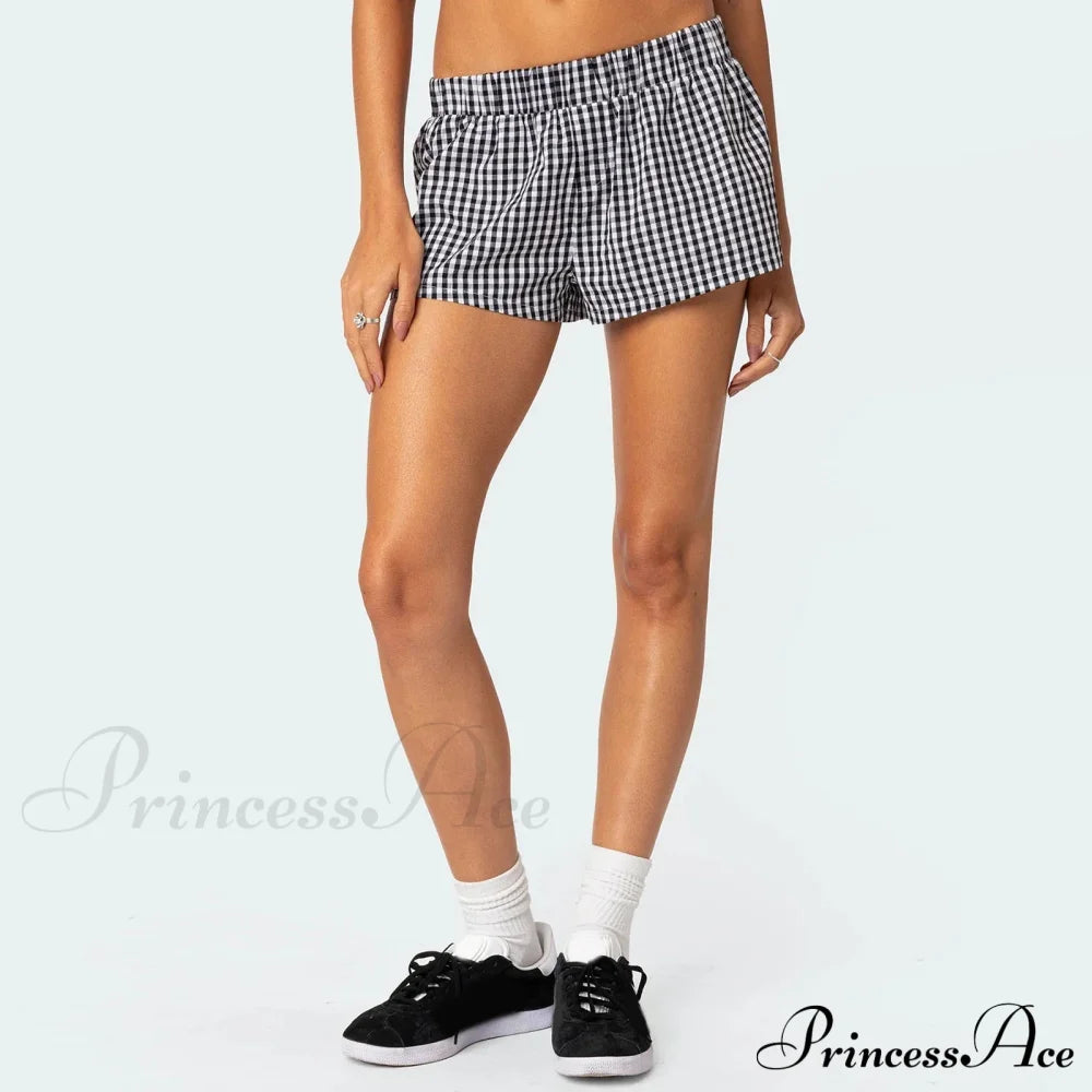 Y2K pohodlné měkké pružné nízké pasové pyžamové kalhoty s knoflíky a kostkovaným vzorem krátké